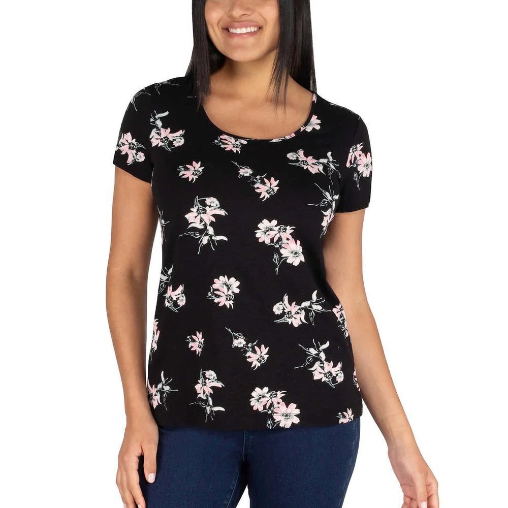 🍀 NEW Nicole Miller Printed Slub Knit Tee | Black floral